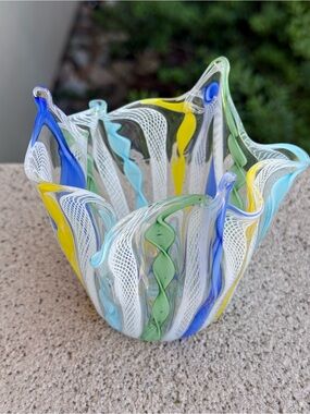 Murano Latticino Blue Green Yellow & White Ribbon Blown Glass Bowl Handkerchief